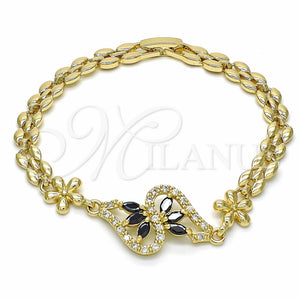 Pulsera Elegante 03.357.0012.3.07 Oro Laminado, Diseño de Flor, con Negro and Blanca Zirconia Cubica, Pulido, Tono Dorado (06 MM Thickness, 7 Inches Length)