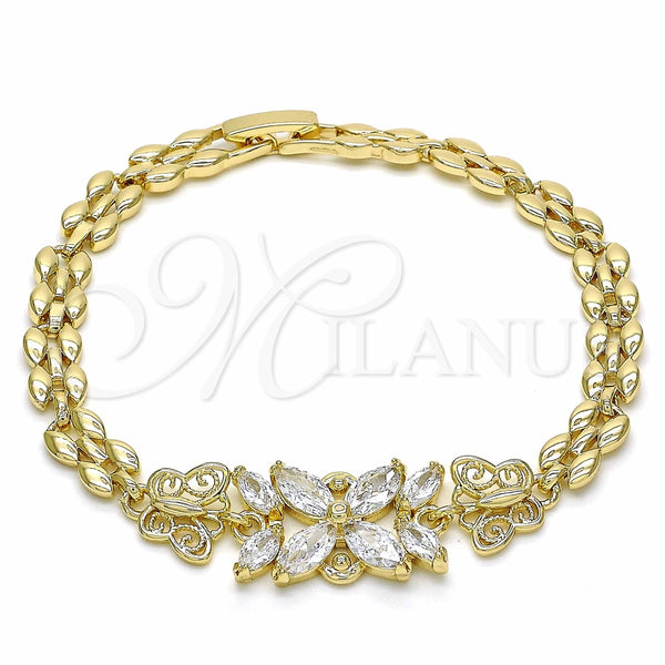Pulsera Elegante 03.357.0014.07 Oro Laminado, Diseño de Flor y Mariposa, con Blanca Zirconia Cubica, Pulido, Tono Dorado (06 MM Thickness, 7 Inches Length)