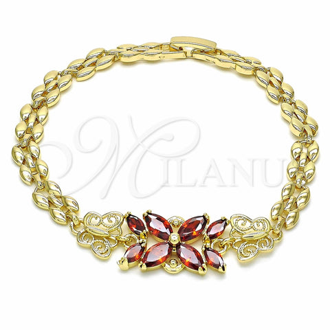 Pulsera Elegante 03.357.0014.2.07 Oro Laminado, Diseño de Flor y Mariposa, con Granate Zirconia Cubica, Pulido, Tono Dorado (06 MM Thickness, 7 Inches Length)