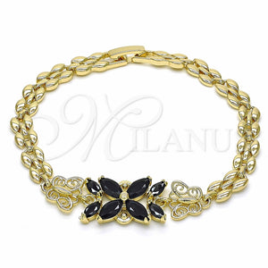 Pulsera Elegante 03.357.0014.3.07 Oro Laminado, Diseño de Flor y Mariposa, con Negro Zirconia Cubica, Pulido, Tono Dorado (06 MM Thickness, 7 Inches Length)