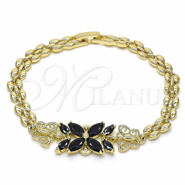 Pulsera Elegante 03.357.0014.3.07 Oro Laminado, Diseño de Flor y Mariposa, con Negro Zirconia Cubica, Pulido, Tono Dorado (06 MM Thickness, 7 Inches Length)