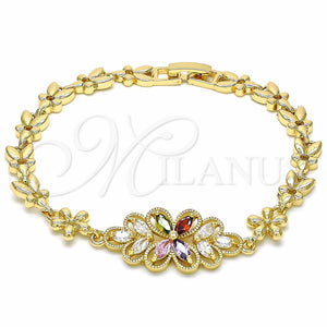 Pulsera Elegante 03.357.0016.1.07 Oro Laminado, Diseño de Flor, con Multicolor Zirconia Cubica, Pulido, Tono Dorado (06 MM Thickness, 7 Inches Length)