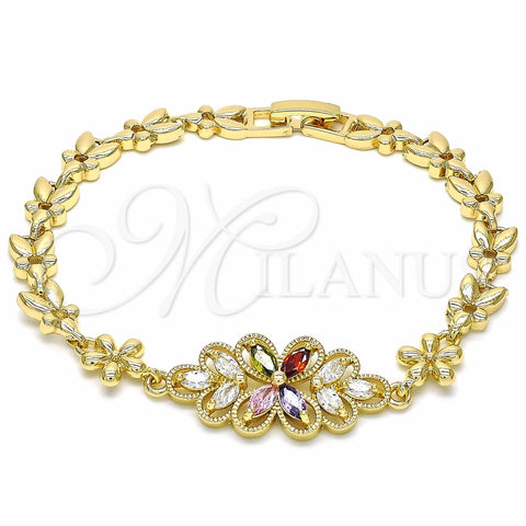 Pulsera Elegante 03.357.0016.1.07 Oro Laminado, Diseño de Flor, con Multicolor Zirconia Cubica, Pulido, Tono Dorado (06 MM Thickness, 7 Inches Length)