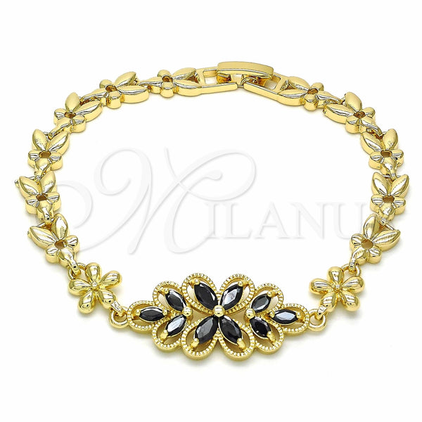 Pulsera Elegante 03.357.0016.3.07 Oro Laminado, Diseño de Flor, con Negro Zirconia Cubica, Pulido, Tono Dorado (06 MM Thickness, 7 Inches Length)