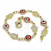 Pulsera Elegante 03.326.0007.06 Oro Laminado, Diseño de Judaica y Ojo Griego, Resinado Rojo, Tono Dorado (Grosor 07 MM, 6 Pulgadas de Largo)