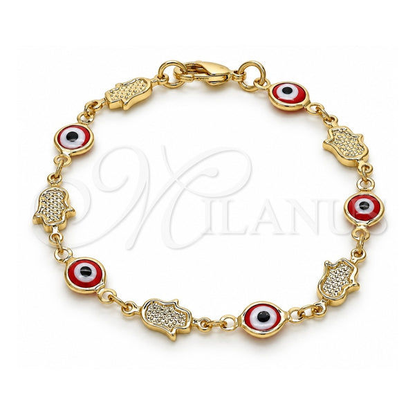 Pulsera Elegante 03.326.0007.06 Oro Laminado, Diseño de Judaica y Ojo Griego, Resinado Rojo, Tono Dorado (Grosor 07 MM, 6 Pulgadas de Largo)