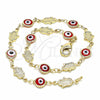 Tobillera Elegante 03.326.0007.10 Oro Laminado, Diseño de Ojo Griego y Mano de Dios, Resinado Rojo, Tono Dorado (07 MM Thickness, 10 Inches Length)