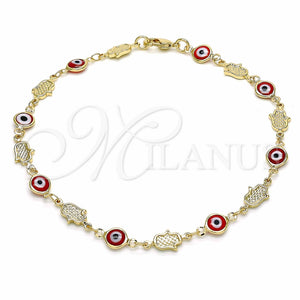 Tobillera Elegante 03.326.0007.10 Oro Laminado, Diseño de Ojo Griego y Mano de Dios, Resinado Rojo, Tono Dorado (07 MM Thickness, 10 Inches Length)