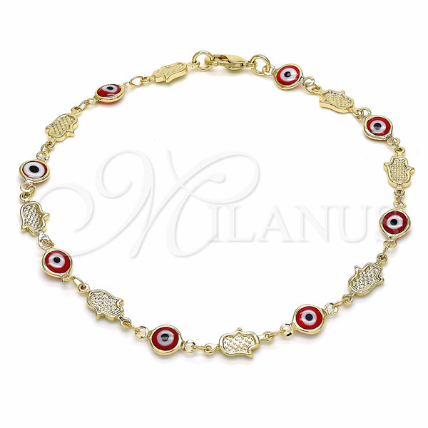 Tobillera Elegante 03.326.0007.10 Oro Laminado, Diseño de Ojo Griego y Mano de Dios, Resinado Rojo, Tono Dorado (07 MM Thickness, 10 Inches Length)