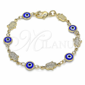 Pulsera Elegante 03.326.0007.1.06 Oro Laminado, Diseño de Ojo Griego y Mano de Dios, Resinado Azul, Tono Dorado (07 MM Thickness, 6 Inches Length)