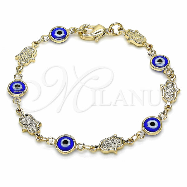 Pulsera Elegante 03.326.0007.1.06 Oro Laminado, Diseño de Ojo Griego y Mano de Dios, Resinado Azul, Tono Dorado (07 MM Thickness, 6 Inches Length)