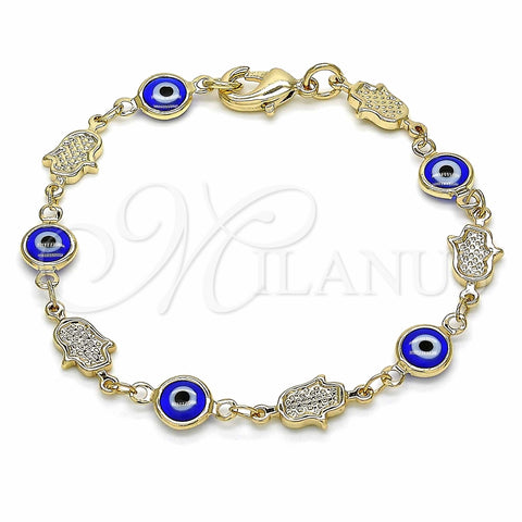 Pulsera Elegante 03.326.0007.1.06 Oro Laminado, Diseño de Ojo Griego y Mano de Dios, Resinado Azul, Tono Dorado (07 MM Thickness, 6 Inches Length)