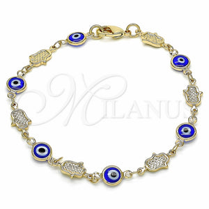 Pulsera Elegante 03.326.0007.1.08 Oro Laminado, Diseño de Ojo Griego y Mano de Dios, Resinado Azul, Tono Dorado (07 MM Thickness, 8 Inches Length)