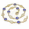 Tobillera Elegante 03.326.0007.1.10 Oro Laminado, Diseño de Ojo Griego y Mano de Dios, Resinado Azul, Tono Dorado (07 MM Thickness, 10 Inches Length)