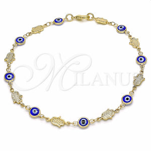 Tobillera Elegante 03.326.0007.1.10 Oro Laminado, Diseño de Ojo Griego y Mano de Dios, Resinado Azul, Tono Dorado (07 MM Thickness, 10 Inches Length)