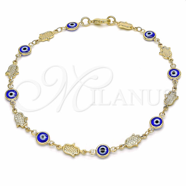 Tobillera Elegante 03.326.0007.1.10 Oro Laminado, Diseño de Ojo Griego y Mano de Dios, Resinado Azul, Tono Dorado (07 MM Thickness, 10 Inches Length)