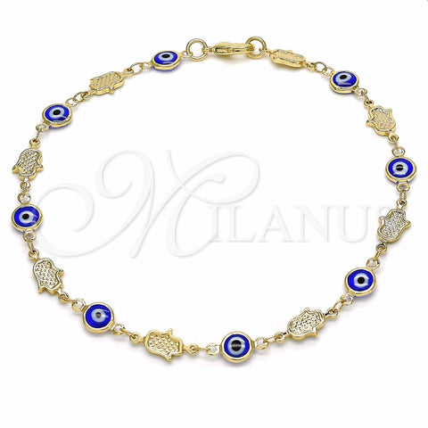Tobillera Elegante 03.326.0007.1.10 Oro Laminado, Diseño de Ojo Griego y Mano de Dios, Resinado Azul, Tono Dorado (07 MM Thickness, 10 Inches Length)