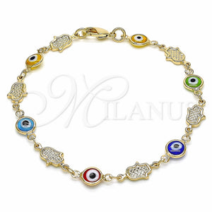 Pulsera Elegante 03.326.0007.2.08 Oro Laminado, Diseño de Ojo Griego y Mano de Dios, Resinado Multicolor, Tono Dorado (07 MM Thickness, 8 Inches Length)