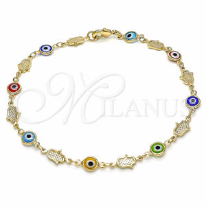 Tobillera Elegante 03.326.0007.2.10 Oro Laminado, Diseño de Ojo Griego y Mano de Dios, Resinado Multicolor, Tono Dorado (07 MM Thickness, 10 Inches Length)
