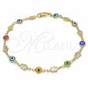 Tobillera Elegante 03.326.0007.2.10 Oro Laminado, Diseño de Ojo Griego y Mano de Dios, Resinado Multicolor, Tono Dorado (07 MM Thickness, 10 Inches Length)