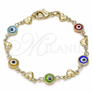 Pulsera Elegante 03.326.0008.06 Oro Laminado, Diseño de Ojo Griego y Corazón, Resinado Multicolor, Tono Dorado (Grosor 07 MM, 6 Pulgadas de Largo)