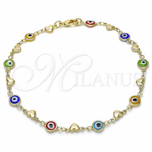 Tobillera Elegante 03.326.0008.10 Oro Laminado, Diseño de Ojo Griego y Corazón, Resinado Multicolor, Tono Dorado (07 MM Thickness, 10 Inches Length)