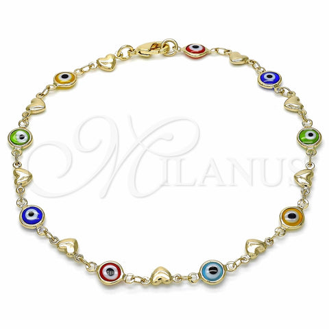 Tobillera Elegante 03.326.0008.10 Oro Laminado, Diseño de Ojo Griego y Corazón, Resinado Multicolor, Tono Dorado (07 MM Thickness, 10 Inches Length)