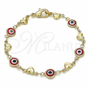 Pulsera Elegante 03.326.0008.1.06 Oro Laminado, Diseño de Ojo Griego y Corazón, Resinado Rojo, Tono Dorado (Grosor 07 MM, 6 Pulgadas de Largo)