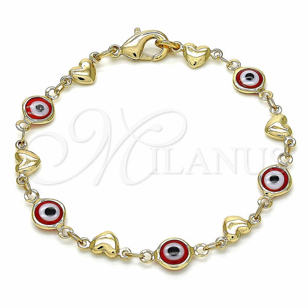 Pulsera Elegante 03.326.0008.1.06 Oro Laminado, Diseño de Ojo Griego y Corazón, Resinado Rojo, Tono Dorado (Grosor 07 MM, 6 Pulgadas de Largo)