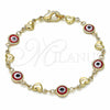 Pulsera Elegante 03.326.0008.1.06 Oro Laminado, Diseño de Ojo Griego y Corazón, Resinado Rojo, Tono Dorado (Grosor 07 MM, 6 Pulgadas de Largo)
