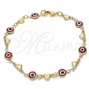 Pulsera Elegante 03.326.0008.1.08 Oro Laminado, Diseño de Ojo Griego y Corazón, Resinado Rojo, Tono Dorado (07 MM Thickness, 8 Inches Length)