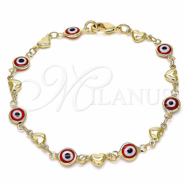 Pulsera Elegante 03.326.0008.1.08 Oro Laminado, Diseño de Ojo Griego y Corazón, Resinado Rojo, Tono Dorado (07 MM Thickness, 8 Inches Length)