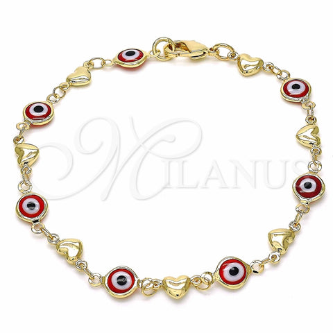 Pulsera Elegante 03.326.0008.1.08 Oro Laminado, Diseño de Ojo Griego y Corazón, Resinado Rojo, Tono Dorado (07 MM Thickness, 8 Inches Length)