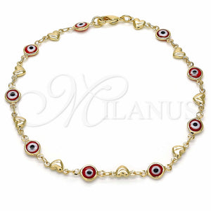 Tobillera Elegante 03.326.0008.1.10 Oro Laminado, Diseño de Ojo Griego y Corazón, Resinado Rojo, Tono Dorado (07 MM Thickness, 10 Inches Length)