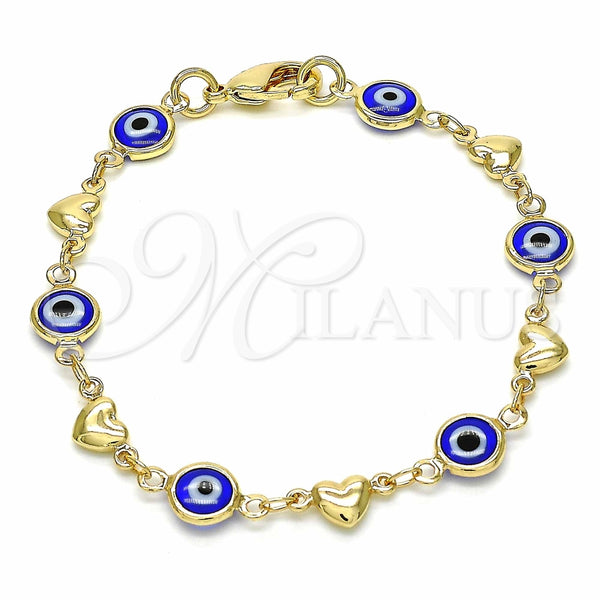 Pulsera Elegante 03.326.0008.2.06 Oro Laminado, Diseño de Ojo Griego y Corazón, Resinado Azul, Tono Dorado (Grosor 07 MM, 6 Pulgadas de Largo)