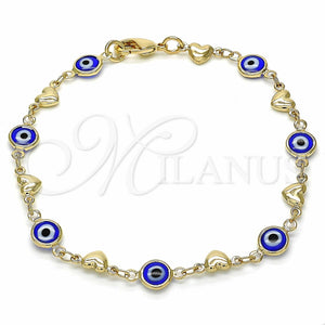 Pulsera Elegante 03.326.0008.2.08 Oro Laminado, Diseño de Ojo Griego y Corazón, Resinado Azul, Tono Dorado (07 MM Thickness, 8 Inches Length)
