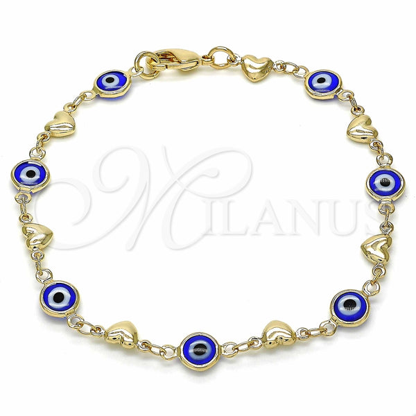 Pulsera Elegante 03.326.0008.2.08 Oro Laminado, Diseño de Ojo Griego y Corazón, Resinado Azul, Tono Dorado (07 MM Thickness, 8 Inches Length)