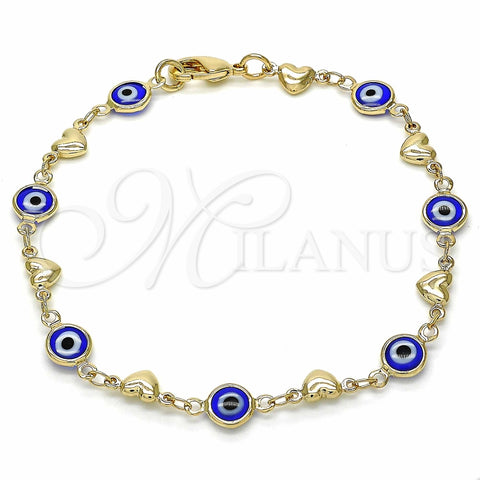 Pulsera Elegante 03.326.0008.2.08 Oro Laminado, Diseño de Ojo Griego y Corazón, Resinado Azul, Tono Dorado (07 MM Thickness, 8 Inches Length)