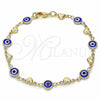 Pulsera Elegante 03.326.0008.2.08 Oro Laminado, Diseño de Ojo Griego y Corazón, Resinado Azul, Tono Dorado (07 MM Thickness, 8 Inches Length)