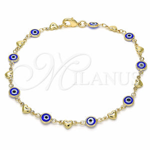 Tobillera Elegante 03.326.0008.2.10 Oro Laminado, Diseño de Ojo Griego y Corazón, Resinado Azul, Tono Dorado (07 MM Thickness, 10 Inches Length)
