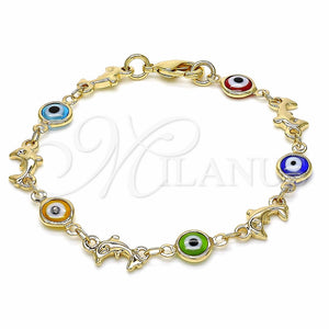 Pulsera Elegante 03.326.0009.06 Oro Laminado, Diseño de Ojo Griego y Delfín, Resinado Multicolor, Tono Dorado (07 MM Thickness, 6 Inches Length)