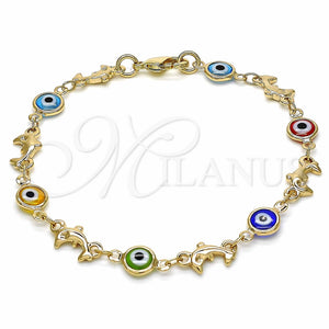 Pulsera Elegante 03.326.0009.08 Oro Laminado, Diseño de Ojo Griego y Delfín, Resinado Multicolor, Tono Dorado (07 MM Thickness, 8 Inches Length)
