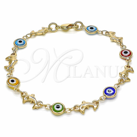 Pulsera Elegante 03.326.0009.08 Oro Laminado, Diseño de Ojo Griego y Delfín, Resinado Multicolor, Tono Dorado (07 MM Thickness, 8 Inches Length)