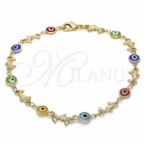 Tobillera Elegante 03.326.0009.10 Oro Laminado, Diseño de Ojo Griego y Delfín, Resinado Multicolor, Tono Dorado (07 MM Thickness, 10 Inches Length)