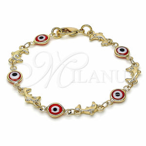 Pulsera Elegante 03.326.0009.1.06 Oro Laminado, Diseño de Ojo Griego y Delfín, Resinado Rojo, Tono Dorado (07 MM Thickness, 6 Inches Length)