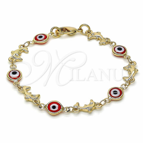 Pulsera Elegante 03.326.0009.1.06 Oro Laminado, Diseño de Ojo Griego y Delfín, Resinado Rojo, Tono Dorado (07 MM Thickness, 6 Inches Length)