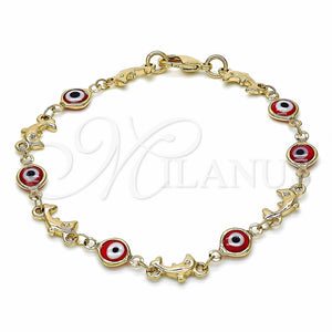 Pulsera Elegante 03.326.0009.1.08 Oro Laminado, Diseño de Ojo Griego y Delfín, Resinado Rojo, Tono Dorado (07 MM Thickness, 8 Inches Length)