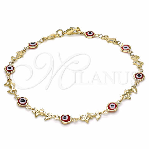 Tobillera Elegante 03.326.0009.1.10 Oro Laminado, Diseño de Ojo Griego y Delfín, Resinado Rojo, Tono Dorado (07 MM Thickness, 10 Inches Length)