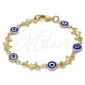 Pulsera Elegante 03.326.0009.2.06 Oro Laminado, Diseño de Ojo Griego y Delfín, Resinado Azul, Tono Dorado (07 MM Thickness, 6 Inches Length)