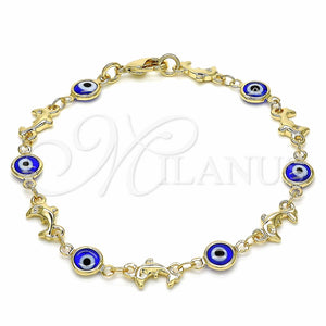 Pulsera Elegante 03.326.0009.2.08 Oro Laminado, Diseño de Ojo Griego y Delfín, Resinado Azul, Tono Dorado (07 MM Thickness, 8 Inches Length)
